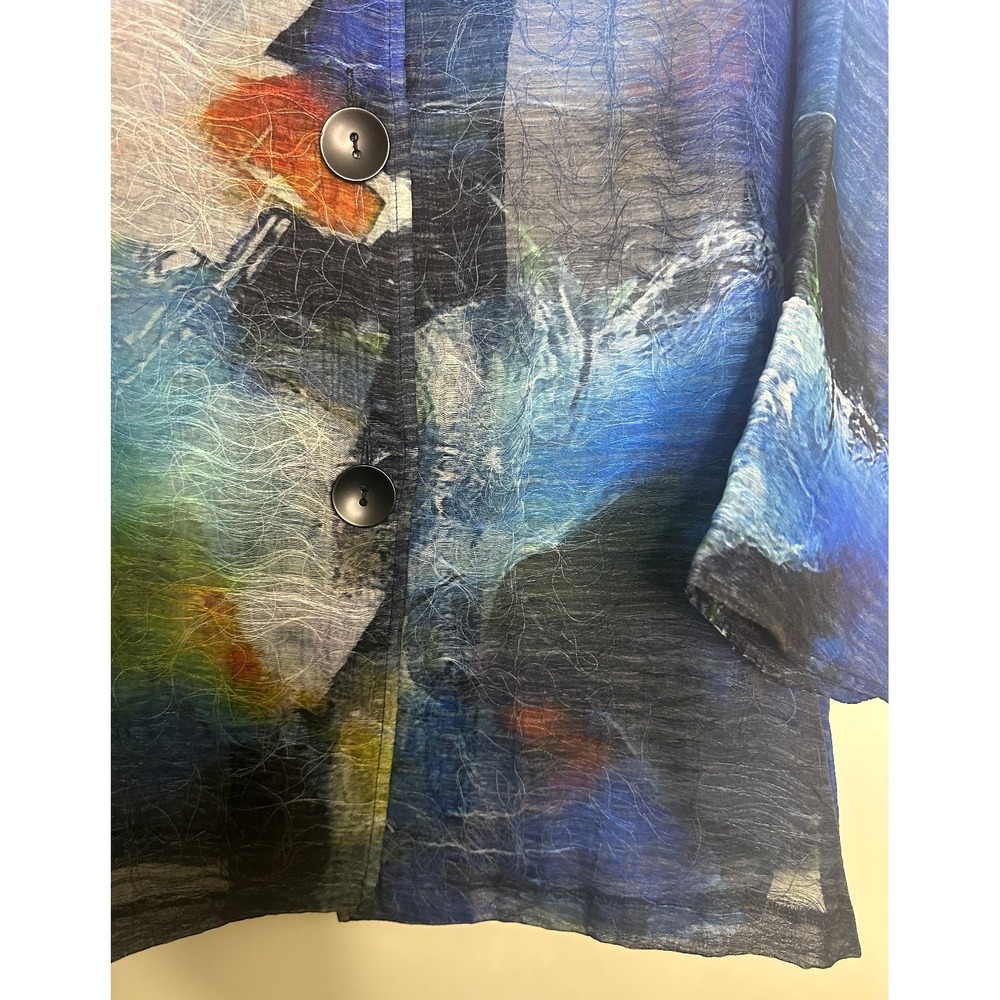 Damee Abstract Art to Wear Sheer Textured Button Up Jacket Topper Blue Medium - Picture 5 of 12
